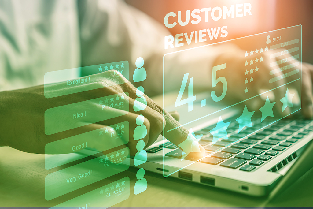 Customer review satisfaction feedback survey concept. User give rating to service experience on online application. Customer can evaluate quality of service leading to reputation ranking of business.