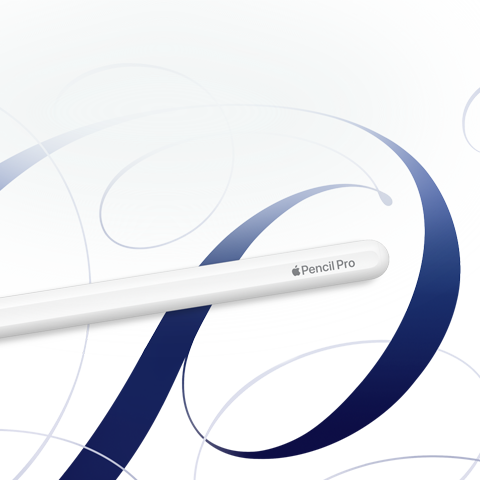 Apple Pencil Pro, white, shown on a white background with blue swirls