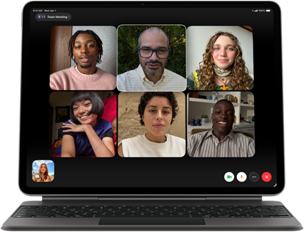 iPad Air, attached to Magic Keyboard, Black color, Group FaceTime call on screen