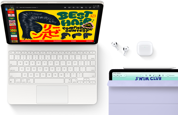 iPad Air, Starlight color, colorful graphics on screen, attached to Magic Keyboard, Airpods Pro and Apple Pencil Pro accessories