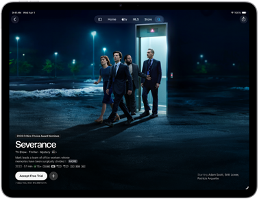 iPad Air, front exterior, screen displays Severance on Apple TV app