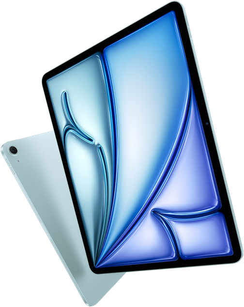 Front angle of 13-inch iPad Air, colorful display on screen, 11-inch iPad Air with back exterior and 12MP Wide back camera