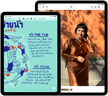 iPad Air สองเครื่อง, ขนาด 11 นิ้ว และ 13 นิ้ว, รุ่น 11 นิ้ว แสดงข้อความสีสันสดใสในแอปโน้ต, รุ่น 13 นิ้ว บนหน้าจอแสดงภาพถ่ายของบุคคลในแอปรูปภาพ