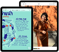 iPad Air สองเครื่อง, ขนาด 11 นิ้ว และ 13 นิ้ว, รุ่น 11 นิ้ว แสดงข้อความสีสันสดใสในแอปโน้ต, รุ่น 13 นิ้ว บนหน้าจอแสดงภาพถ่ายของบุคคลในแอปรูปภาพ