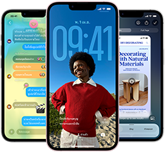 Three iPhone 17e devices, showing Messages app with Liquid Glass design, dynamic Lock Screen, and Apple Intelligence in use