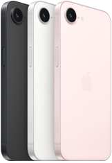 iPhone 17e, side and back exterior, black color, side and back exterior, white color, side and back exterior, soft pink color, Fusion camera at top, side button