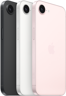 iPhone 17e, side and back exterior, black color, side and back exterior, white color, side and back exterior, soft pink color, Fusion camera at top, side button