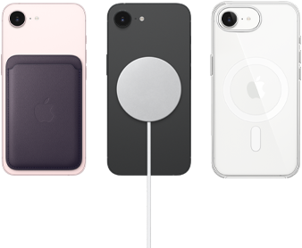 iPhone 17e in soft pink color with FineWoven Wallet in midnight purple color, iPhone 17e in black color with Silicone Case in black color and MagSafe Charger, iPhone 17e in white color with Clear Case with MagSafe