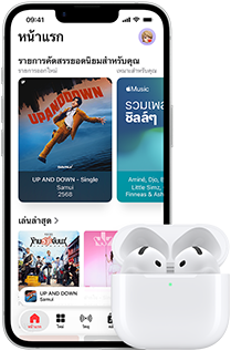 iPhone 17e, front exterior, Apple Music app with Home Screen open, next to AirPods Pro 3 in open MagSafe Charging case