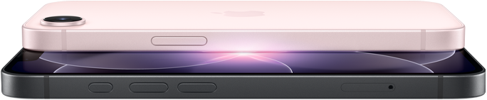 iPhone 17e, ภายนอกด้านข้างและด้านหลังในแนวนอน, สีชมพูอ่อน, iPhone 17e, ภายนอกด้านข้างและด้านหน้าในแนวนอน, สีดำ