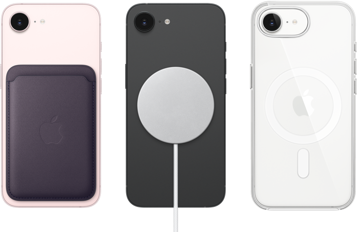 iPhone 17e, ภายนอกด้านหลัง, สีชมพูอ่อน, มีเคสผ้า FineWoven แบบกระเป๋าสตางค์พร้อม MagSafe ติดอยู่, iPhone 17e, ภายนอกด้านหลัง, สีดำ, มีที่ชาร์จ MagSafe ติดอยู่, iPhone 17e, ภายนอกด้านหลัง, สีขาว, มีเคสใสพร้อม MagSafe ติดอยู่