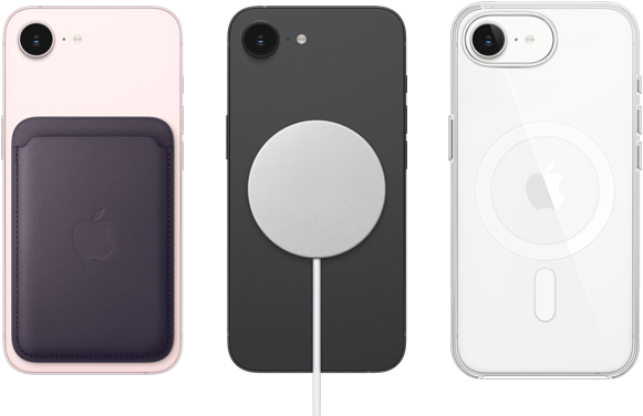 iPhone 17e, ภายนอกด้านหลัง, สีชมพูอ่อน, มีเคสผ้า FineWoven แบบกระเป๋าสตางค์พร้อม MagSafe ติดอยู่, iPhone 17e, ภายนอกด้านหลัง, สีดำ, มีที่ชาร์จ MagSafe ติดอยู่, iPhone 17e, ภายนอกด้านหลัง, สีขาว, มีเคสใสพร้อม MagSafe ติดอยู่