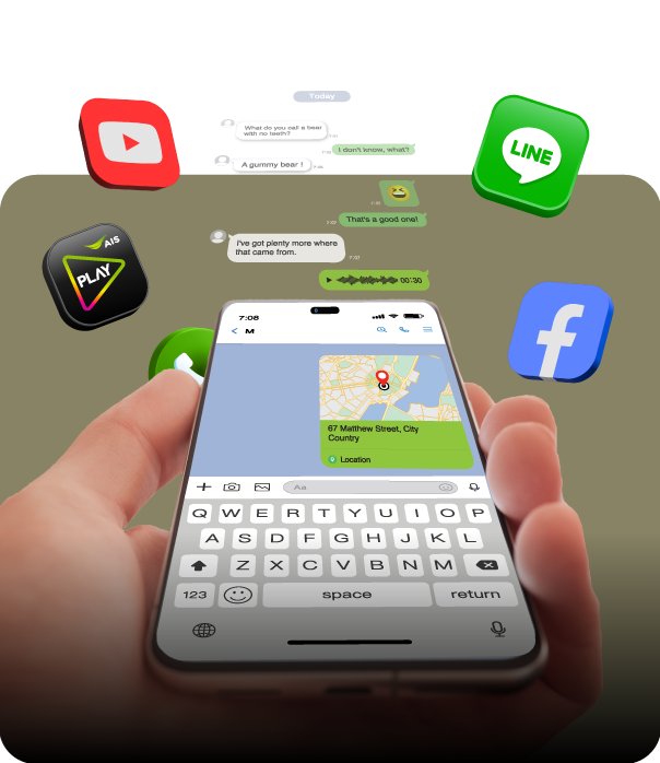 มือถือ และแอป AIS Play, YouTube, Line, Facebook, เน็ต และ โทร