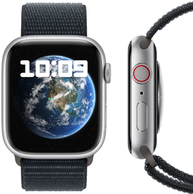 มุมมองด้านหน้าและด้านข้างของ Apple Watch ใหม่ ที่มีความเป็นกลางทางคาร์บอน