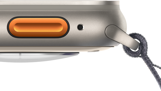 Apple Watch Ultra 2 showing orange Action button and rugged titanium case