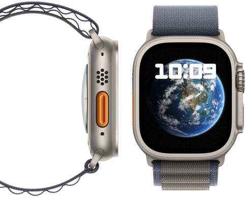 มุมมองด้านหน้าและด้านข้างของ Apple Watch Ultra 2 ใหม่ที่มีความเป็นกลางทางคาร์บอน