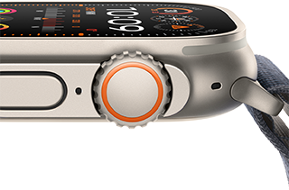 Apple Watch Ultra 2 แสดงตัวเรือนไทเทเนียมที่สมบุกสมบัน, จอภาพที่แบนเรียบ, Digital Crown และปุ่มด้านข้าง