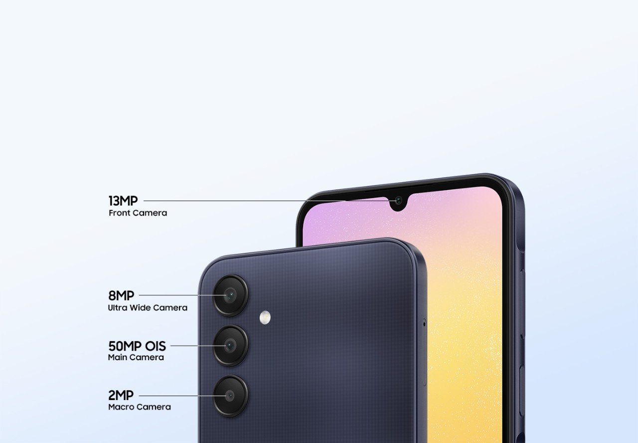 Samsung Galaxy a25 5G กล้อง 13MP Front Camera, 8MP UltraWide Camera, 50MP OIS Main Camera, 2MP Macro Camera
