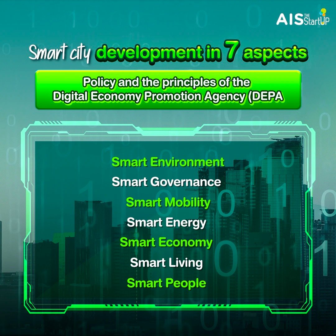 Smart city development in 7 aspects development of the Smart City is divided into 7 domains which are: Smart Environment, Smart Governance, Smart Mobility, Smart Energy, Smart Economy, Smart Living and Smart People.